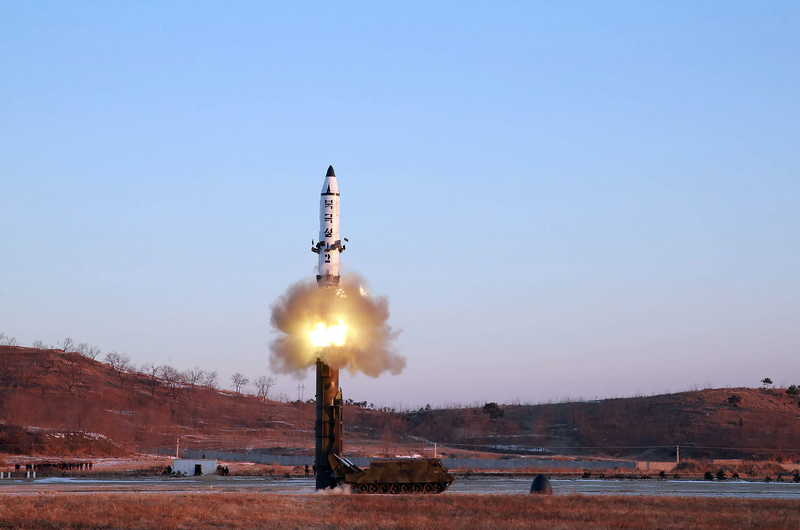 North Korean Pukguksong-2 medium range ballistic missile, launched from a tracked vehicle.